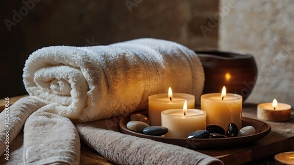 Obraz Relaxing spa setup with candles, soft towels, and smooth stones for a rejuvenating experience at a tranquil setting