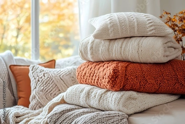 Fototapeta A stack of cozy blankets and pillows in warm autumn colors, creating an inviting atmosphere for fall decor.