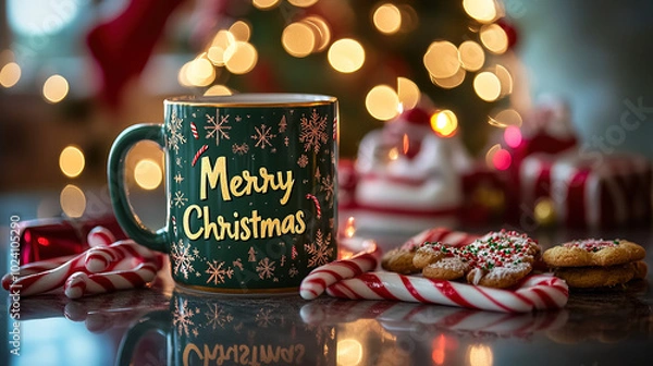 Fototapeta Festive Christmas Mug with Cookies, Candy Canes, and Holiday Decorations on a Cozy Table Setting with Warm Lights