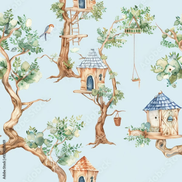 Fototapeta Watercolor treehouse scenes with whimsical structures and lush greenery create serene atmosphere. Perfect for nature lovers and dreamers.