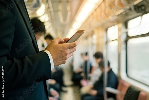 Fototapeta 電車通勤風景。電車内でスマートフォンを見るスーツ姿のビジネスマン｜Scene of train commuting.Businessman in suit looking at smartphone on train.
