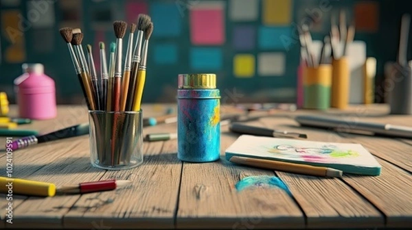 Fototapeta Creative Art Studio with Paintbrushes, Colorful Paints, and Sketchbook on Wooden Table in Vibrant Workspace