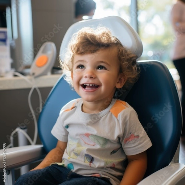 Fototapeta A little boy with a bright smile is comfortably sitting in a dental chair, feeling happy and content during his appointment