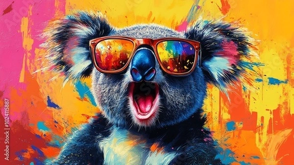 Fototapeta Cool koala with sunglasses in colorful abstract background.