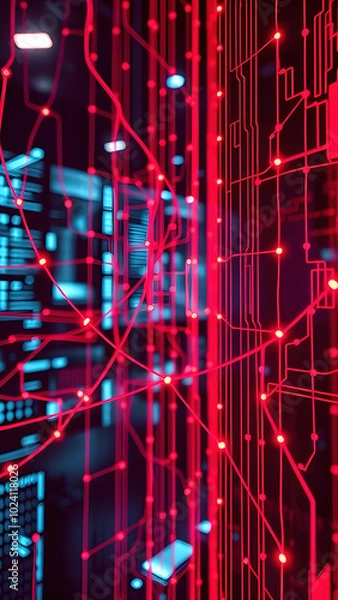 Fototapeta Digital Oasis: A Futuristic Red Network Dreamscape Background - Portrait