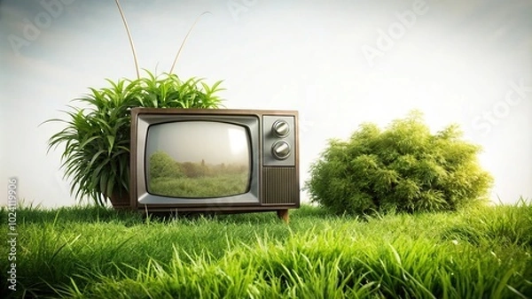 Fototapeta Landscape with green plants and retro TV on grass