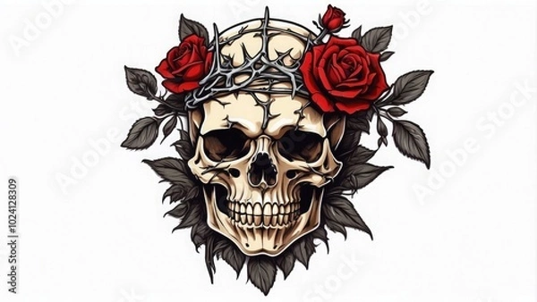 Fototapeta A dramatic skull sticker with a crown of thorns and a rose between its teeth, isolated on white background.