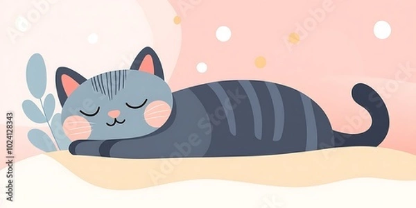 Fototapeta Cute Sleeping Cat Illustration on a Soft Pink Background