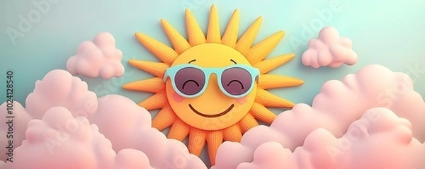 Fototapeta Smiling Sun in Sunglasses with Fluffy Pink Clouds 3D Illustration