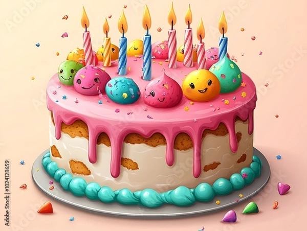 Fototapeta Birthday Cake Illustration with Dripping Pink Frosting and Smiling Toppings