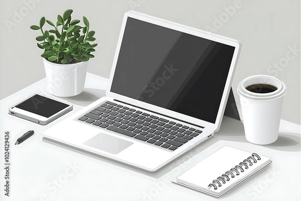 Fototapeta Illustration of a White Desk with a Laptop, a Plant, a Notebook, a Pen, and a Cup of Coffee