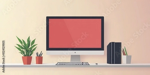 Fototapeta Illustration of a Desk with a Computer, Keyboard, Mouse, and Plants