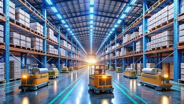 Fototapeta Modern Automated Warehouse with Robotic Carts for Efficient Goods Transport