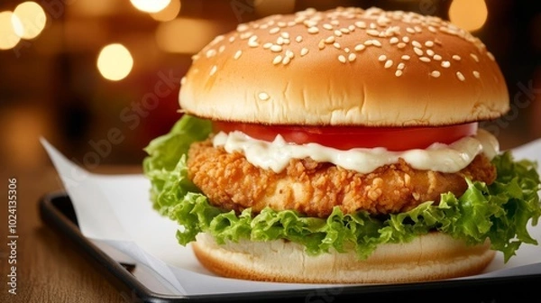 Obraz Crispy chicken burger with lettuce, tomato, and special sauce, wrapped in brown paper, street food night market