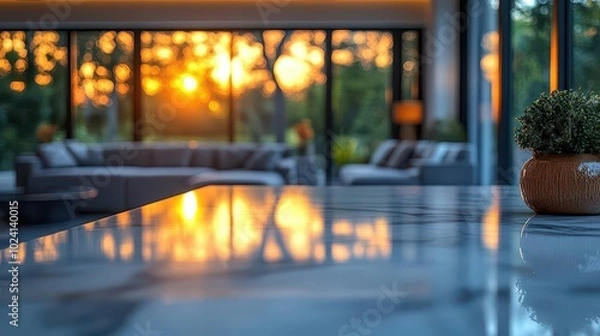 Fototapeta a blurred modern kitchen serves as the backdrop for a lustrous marble countertop accentuating its beauty while providing a perfect space for culinary creations and gatherings