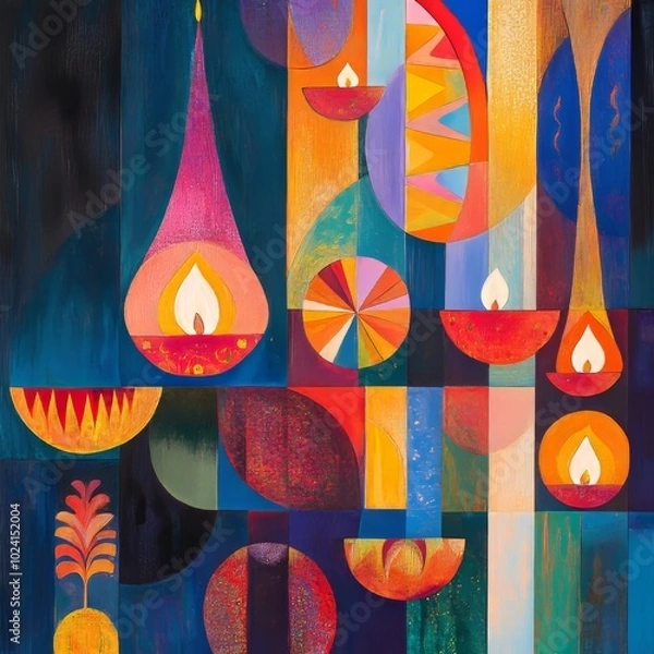 Fototapeta Colorful abstract painting featuring geometric shapes and glowing candles, creating a vibrant and dynamic visual experience.