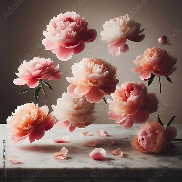 Fototapeta Floating Peonies in Full Bloom Gracefully Hover Over a Marble Surface, Their Soft Pink and Coral Petals Unfolding to Create a Timeless, Elegant Display of Natural Floral Beauty.
