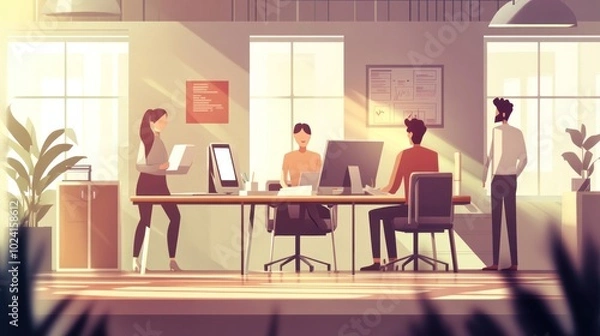Fototapeta Business characters working in office vector illustration, showing a modern workspace with digital tools