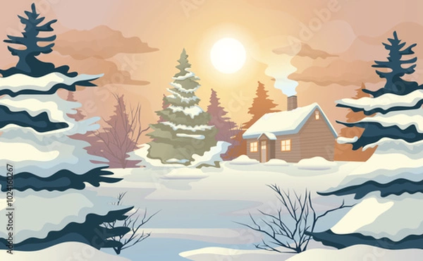 Obraz Cozy Winter Cabin at Sunrise with Snow-Covered Trees Vector