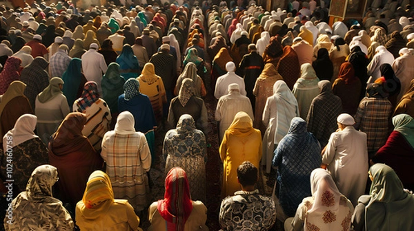 Fototapeta Muslims offering prayer together men and women. Eid prayer concept.