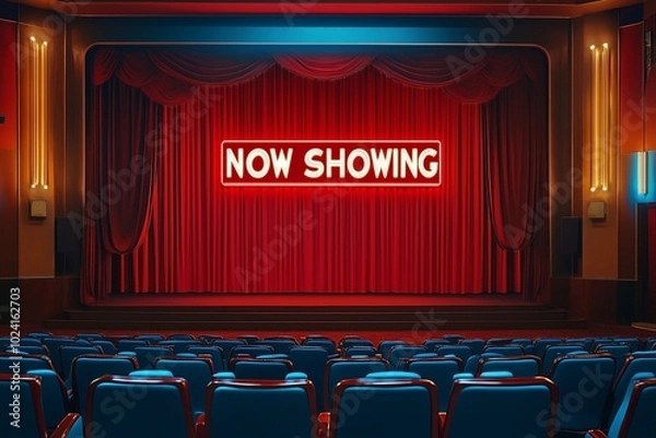 Obraz red curtain theater with now showing word by generative ai
