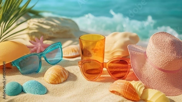 Fototapeta Colorful beach accessories on sandy shore with ocean backdrop.