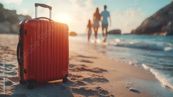 Fototapeta Red suitcase on the beach with people walking in the sunset
