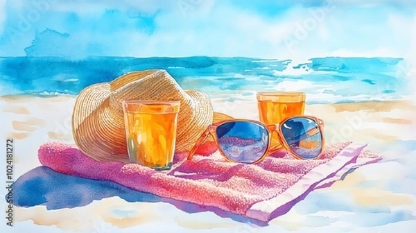 Fototapeta Summer beach scene with drinks, sunglasses, and a straw hat.