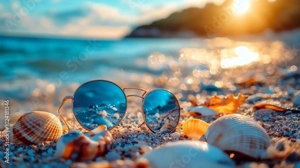 Fototapeta Sunglasses resting on sandy beach with seashells and sunlight.
