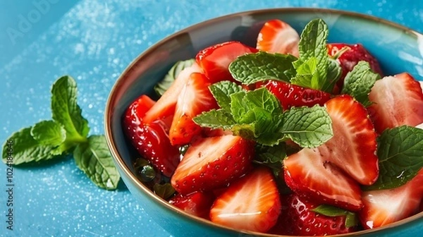 Obraz A fresh strawberry and mint salad with balsamic on blue background