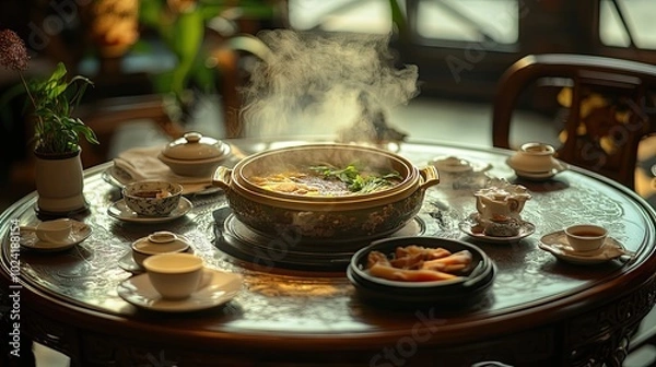Fototapeta Steaming Hot Pot on a Round Table with Teacups and Plates