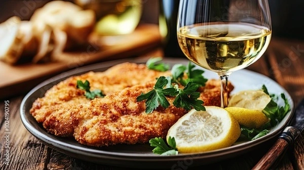 Fototapeta Crispy Fried Chicken Cutlets with Lemon and Parsley