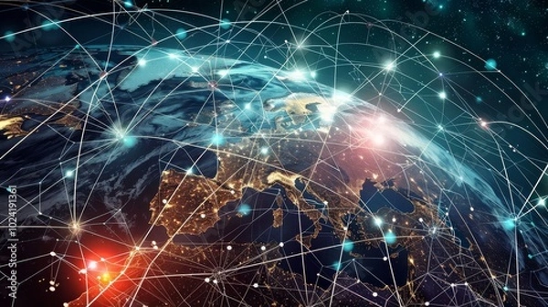 Obraz Aerial view of Earth at night with interconnected network lines and glowing nodes representing global digital communication and data exchange.