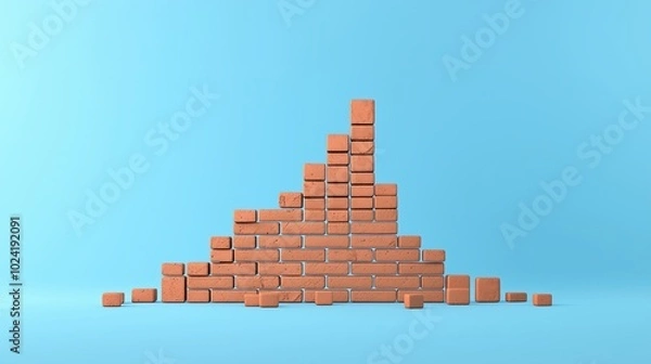 Fototapeta Crumbling Structure: A 3D Render of a Partially Demolished Brick Wall Against a Light Blue Background