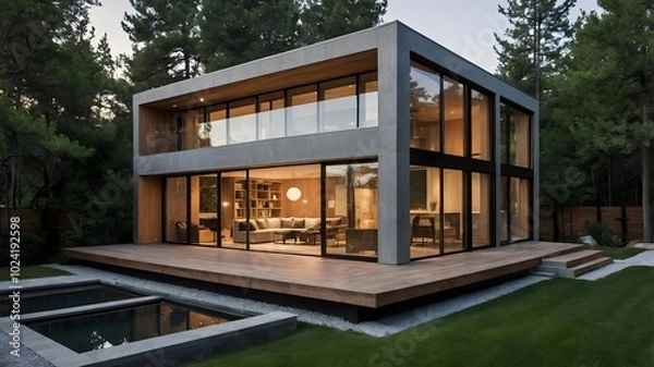Fototapeta AI-Generated image of a small modern house. Minimalist, constructed exclusively with concrete and wood. In the middle of nature