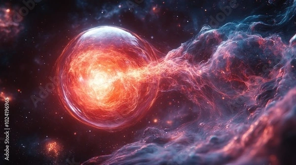 Fototapeta A cosmic scene depicting a vibrant energy sphere amidst swirling nebulae and cosmic clouds.