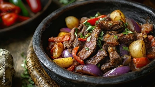 Fototapeta Close-up of a Clay Pot Filled with Stewed Beef, Potatoes, Onions, and Peppers