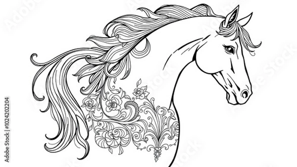 Fototapeta Black and White Ornamental Zentangle Horse Illustration for Coloring Book - High Resolution Art
