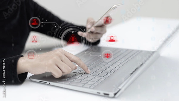 Fototapeta Warning, Cybersecurity breach detected! The system is under attack by malicious software, compromising sensitive information and network integrity.