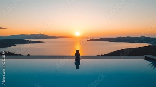 Fototapeta Sunset Over Ocean with Silhouette of Cat Sitting By Infinity Pool, Enjoying Scenic View and Golden Hour