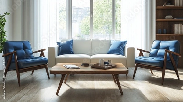 Fototapeta Mid-century inspired living room with a white sofa, two blue leather chairs, and a wooden coffee table, bathed in natural light.