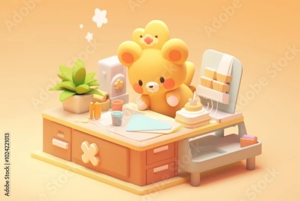 Fototapeta Adorable Yellow Bear with a Bird Hat at a Desk