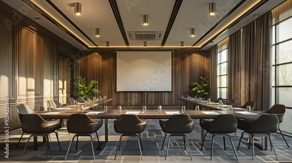 Fototapeta Large conference room featuring a wooden table surrounded by chairs, with projection equipment set up for presentations.