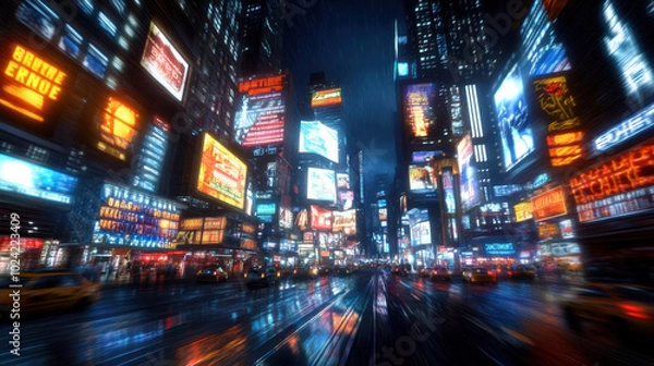 Fototapeta vibrant cyberpunk cityscape featuring neon signs and holographic displays, illuminated by glow of advertisements. scene captures bustling energy of futuristic urban environment