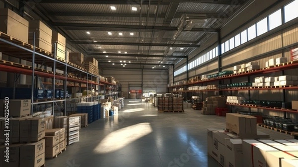 Fototapeta A large clean warehouse with shelfs, carboard boxes and products.