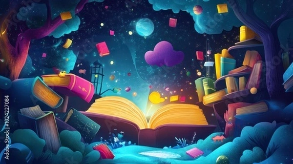 Obraz Interactive digital library for kids, vector illustration with animated books and story characters