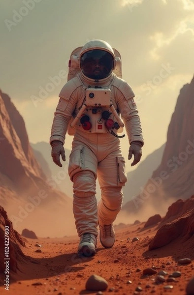 Fototapeta Wide angle shot from below of a male astronaut with an athletic build confidently walking forward towards the camera lens on Mars in a vast universe in synthwave style, digital art