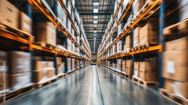 Fototapeta Retail warehouse full of shelves with goods in cartons, with pallets and forklifts. Logistics and transportation blurred background. Product distribution center.