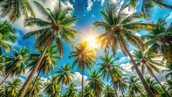 Fototapeta Tropical palm trees against blue sky background