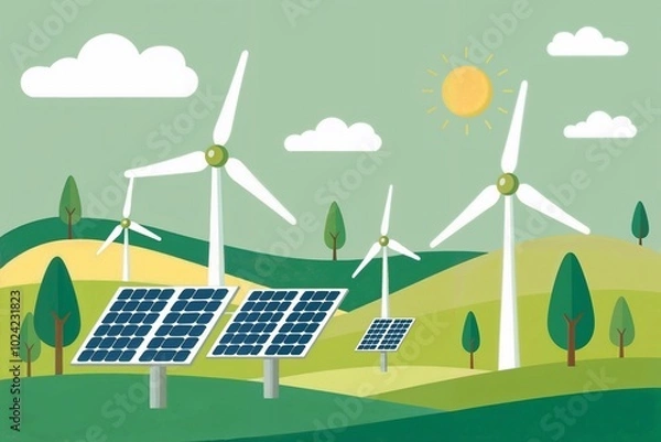Obraz wind turbine and panels in a green landscape vector design 